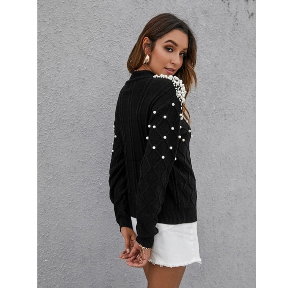 Pearl Embellished Black Knit Textured Sweater - Picture 3 of 14